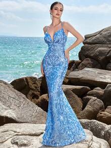 ADYCE 亮片刺绣细肩带露背鱼尾晚会礼服、婚礼宾客礼服、正式礼服、长袍 - 淺藍色 - 查看 9