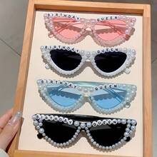 1 Pair Women's New Full Frame Cat Eye Style Glasses Fashion 'Birthday Queen' Letter Frame Retro White Glasses Artificial Pearl Decoration Multi-Color Unique Glasses Suitable For Birthday Party - 黑灰色 - 查看 3