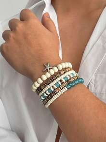 6pcs Boho Ocean Style Coconut Shell Beaded Bracelet Set, Starfish & Shell Pendant, Charming Jewelry For Men Beach Party Vacation