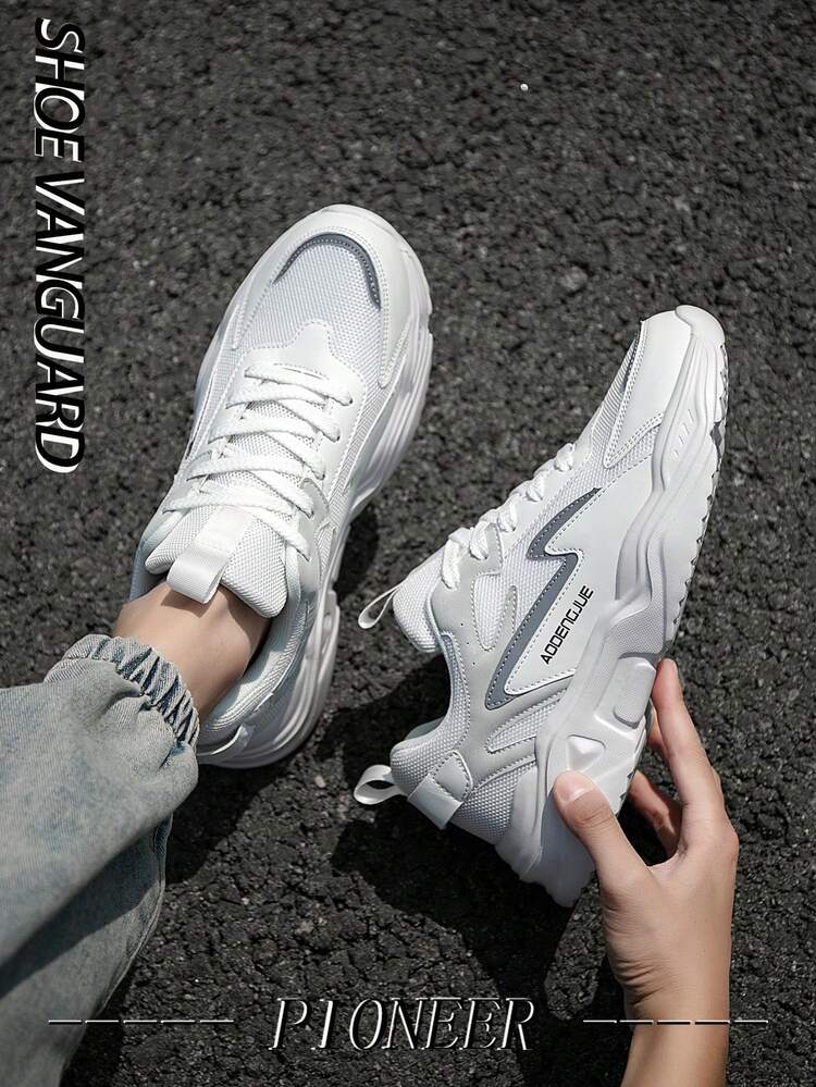 Men's Comfortable Breathable Mesh Outdoor Casual Sports Shoes, Daily Street Style Black & White PU Leather Patchwork Low-Top Running Sneakers, Plus Size Chunky Sneakers For All Seasons, Perfect With Sports Jeans Look - White - View 5