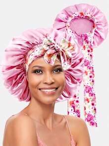 1pc Women Elastic Printed Ribbon Satin Hair Bonnet, 36cm Diameter, Head Wrap Cap Suitable For Daily Use - Multicolor - View 4