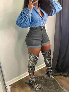 Summer All-Match Versatile Solid Color Cuffed Skinny Mini Denim Shorts - Dark Grey - View 2