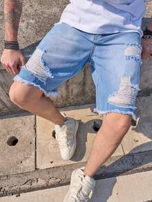 Men's New Casual Loose Ripped Knee 5-Inch Denim Shorts, & Slimming - Mint Blue - View 4