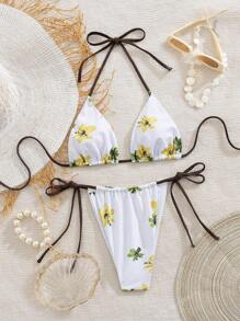 2 pezzi Bikini da donna con parte superiore a collo alto e stampa, e pantaloncini da bagno con lacci ai lati e vita bassa