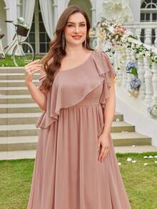 Plus Size Chiffon Minimalist Sexy Asymmetrical Shoulder Bodycon Cocktail Wedding Dress,Bridesmaid Dress - Coral Pink - View 5