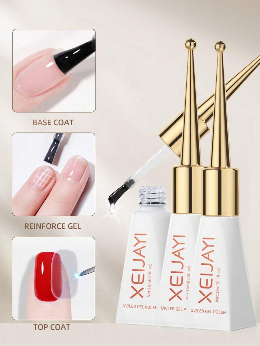 XEJAYI 3pcs 10ml No Wipe Reinforce Gel Top Coat And Base Coat Set - Shine Finish And Long Lasting, Soak Off LED Nail Lamp Gel Base Top Coat Glossy Shine Finish Nail Art Design Gifts For Women - 無色 - 查看 1