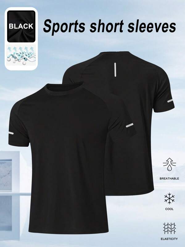 Men's Lightweight Breathable Quick-Dry Sports Short Sleeve T-Shirt, Casual Reflective Stripe Print And Solid Color Round Neck Design For Outdoor, Cycling, Running, Fitness
