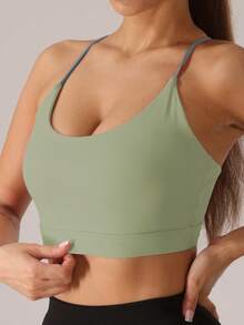 1件装女士六根细带扇形吊带支撑瑜伽运动文胸，轻薄衬垫无钢圈无缝夏季运动文胸 - 綠色 - 查看 3