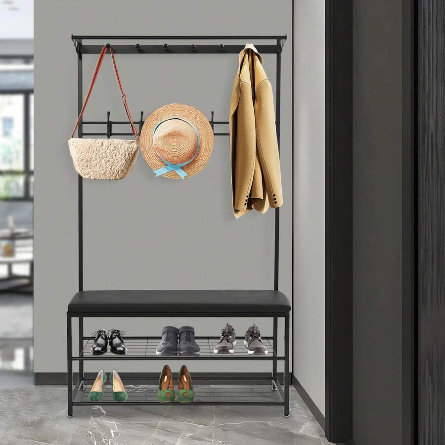 YUNRUX Portant à vêtements multifonctionnel avec étagère à chaussures et porte-vêtements avec crochets miroir noir - Noir - Voir 1