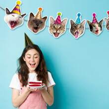 Pancarta de feliz cumpleaños con guirnalda de caras de gato, decoraciones divertidas para fiesta de cumpleaños con gatitos, letrero de cumpleaños dorado, decoración de banderines para fiesta de cumpleaños