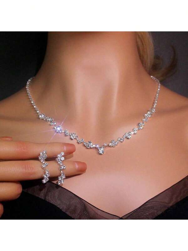 Set de 3 piezas de joyería: collar y aretes con forma de gota de agua con rhinestones en estilo minimalista, adecuado para bodas, cumpleaños, aniversarios y fiestas de damas