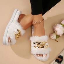 Women's Metallic Chain Sandals - Fluffy & Open Toe For Winter Wear - trắng - Xem 4