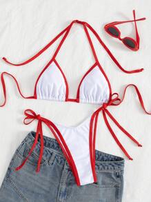女士撞色绷带性感比基尼泳装套装，海滩度假分体泳装 - 紅白色 - 查看 3