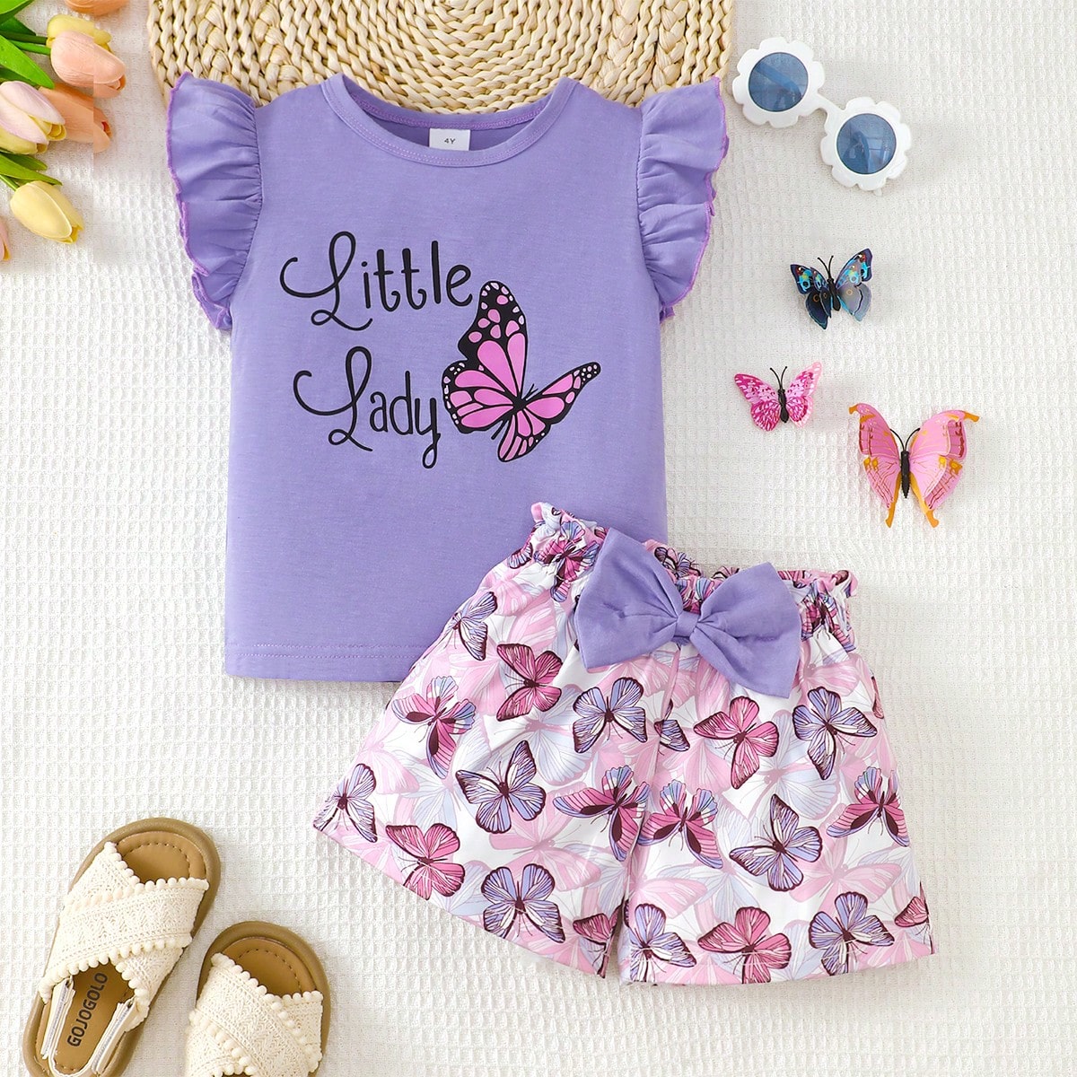 Conjunto de 2 piezas de top sin mangas y shorts para niñas, blusa de cuello redondo con mangas de encaje y volantes + shorts con estampado de maripos