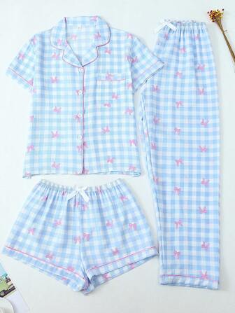 3 件套女士蓝白格子蝴蝶结装饰单排扣领短袖上衣和短裤春夏睡衣套装，适合家居穿着