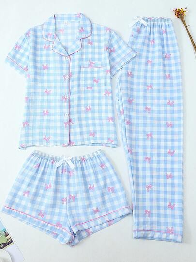 3 件套女士蓝白格子蝴蝶结装饰单排扣领短袖上衣和短裤春夏睡衣套装，适合家居穿着