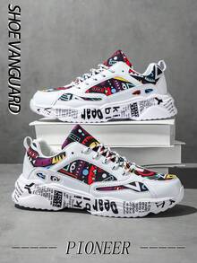 (Kích thước nhỏ hơn) Giày thể thao nam họa tiết graffiti màu tương phản, giày thể thao nam dáng rộng thoải mái, phù hợp cho cả ngày và đêm, giày thể thao đôi đa năng - Trắng và vàng - Xem 6