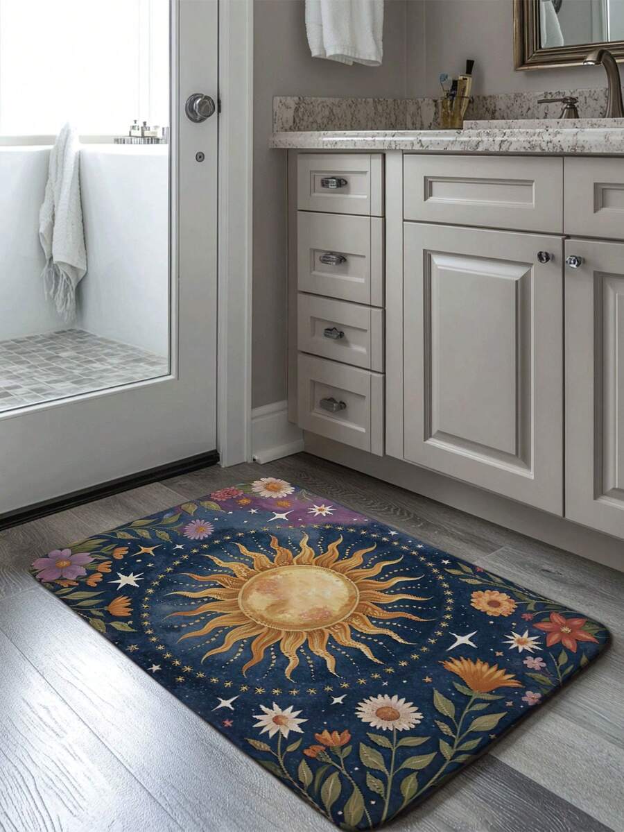 1pc Fantasy Sunflower & Star Door Mat - Unique Art Design, Non-Slip Bathroom Floor Mat, Machine Washable, Easy To Clean, Decor Carpet For Entryway, Living Room, Bedroom, Kitchen, Bathroom, Shower Mat Christmas Decor Kitchen Rug