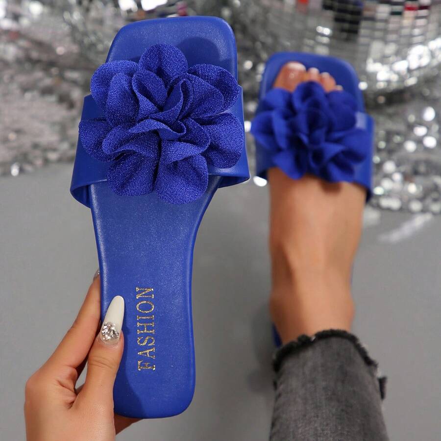 Women's Flat Square Toe Anti-Slip Beach Slippers - Blue - View 1