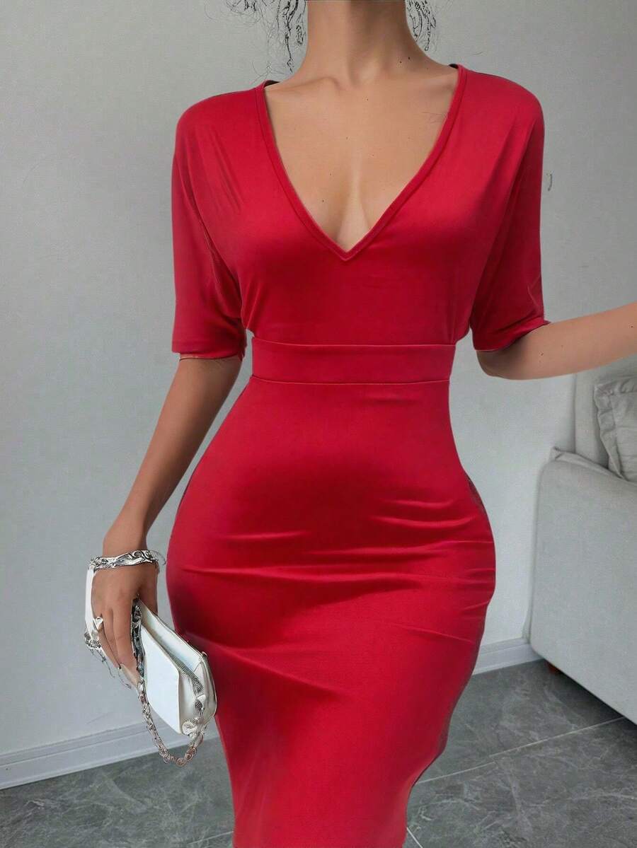 Vestido de cóctel midi acampanado y ajustado con escote en V profundo y manga corta para mujer - Rojo - Ver 1
