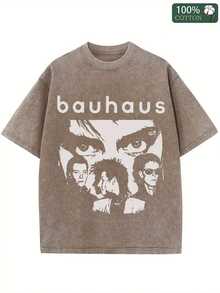 Bauhaus Rock Band Printed T-Shirt, 1 Piece, 230g Washed, High-Quality Wax Printed Cotton Retro Fashion Brand T-Shirt, Suitable For Summer T-Shirt With A Certain Thickness, Holiday Gift - Khaki - View 1