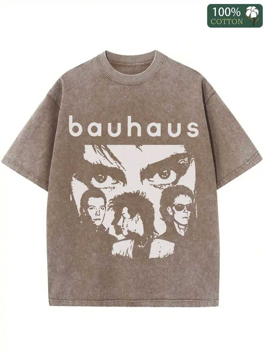 Bauhaus Rock Band Printed T-Shirt, 1 Piece, 230g Washed, High-Quality Wax Printed Cotton Retro Fashion Brand T-Shirt, Suitable For Summer T-Shirt With A Certain Thickness, Holiday Gift - Khaki - View 1