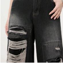 Jupkem Retro High Street Hip-Hop Jeans With Holes For Casual Wear, Made Of Old Adhesive Fabric With Holes For A Niche And Versatile Design, Simple And Versatile For Going Out, Unisex, Ins Loose Casual Straight Leg Mop Pants, Black Pants