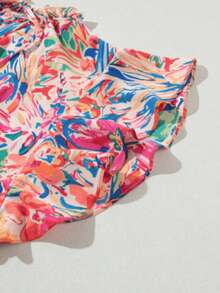 Plus Size Women's Floral Print V-Neck Ruffle Trim T-Shirt, Fashionable Summer Top - Multicolor - View 3