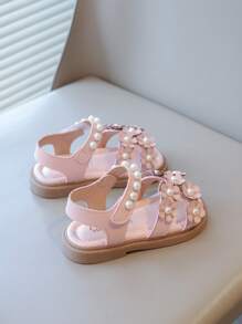 1 Pair New Style Girls/Toddlers Sandals, Fashion Flower Pearl Hook And Loop Design, Non-Slip Soft Bottom Flat Shoes, Suitable For Summer