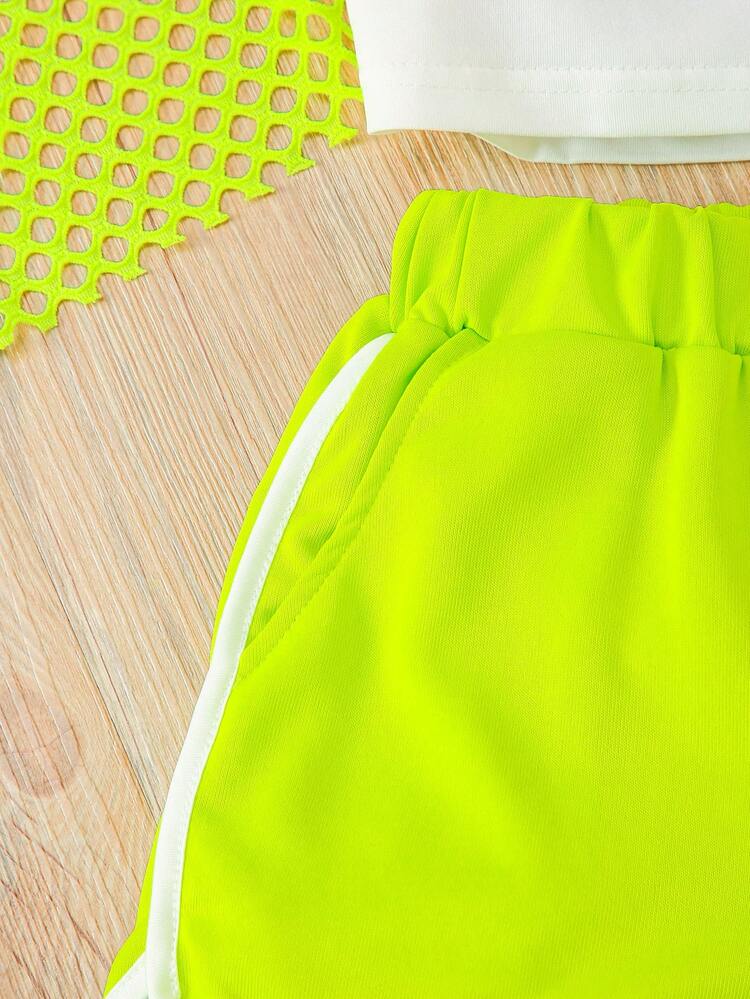 3pcs Tween Girl Neon Green Brooklyn Letter Print Camisole + Mesh Overlay Top + Shorts Outfit, Summer Outdoor Fashion Set, Suitable For Outdoor, Summer Gift - Mustard Yellow - View 7