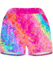 Plus Size Women Vibrant Tie-Dye Printed Shorts - Casual Elastic Waist With Drawstring, Lightweight Polyester Blend, Suitable For Summer