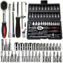 Set completo di 46 strumenti per meccanici - Bussole lunghe e corte da 1/4", 3/8", 1/2", set di chiavi a cricchetto, bussole in acciaio S2 e cromo-vanadio, set da meccanico per auto e uso domestico, incluse chiavi combinate, accessori e cassetta portautensili
