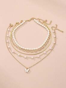 5pcs/Set Simple Pearl & Butterfly Pendant Necklace Set With High-End Design, Suitable For Daily And Commuting Wear