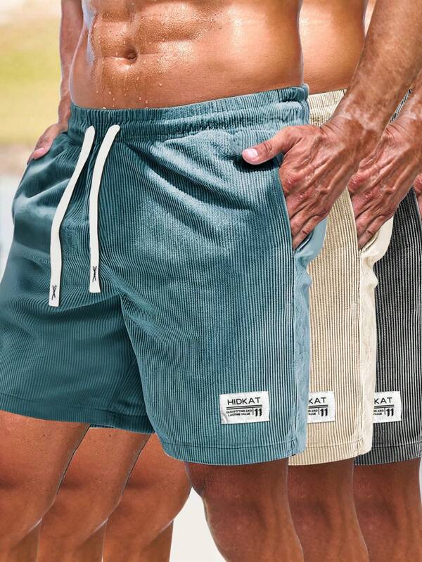 Men's Casual Corduroy Drawstring Waist Shorts, Tag Label, Suitable For Summer Outdoor Beach Leisure Wear
