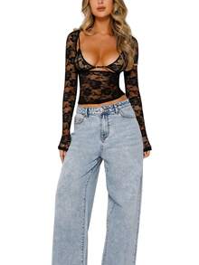 Women Y2K Mesh See Through Crop Tops With Bra Lace Floral Long Sleeve Slim Fit Low Cut T Shirt Sexy Sheer Going Out Blouse Tops Club Streetwear Summer Aesthetic Clothes - 黑色 - 查看 3