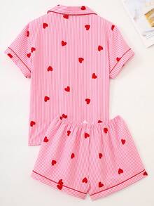 2 Pieces Women Red Striped Heart Print Pajama Set, Short Sleeve Button-Up Shirt With Collar And Bowknot Shorts, Casual Sleepwear For Spring/Summer - Red - View 2