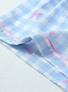 2 件套蓝白格子蝴蝶结装饰纽扣短袖上衣和裤子女士睡衣套装，春夏睡衣休闲装