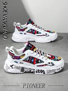 (Kích thước nhỏ hơn) Giày thể thao nam họa tiết graffiti màu tương phản, giày thể thao nam dáng rộng thoải mái, phù hợp cho cả ngày và đêm, giày thể thao đôi đa năng - Trắng và vàng - Xem 5