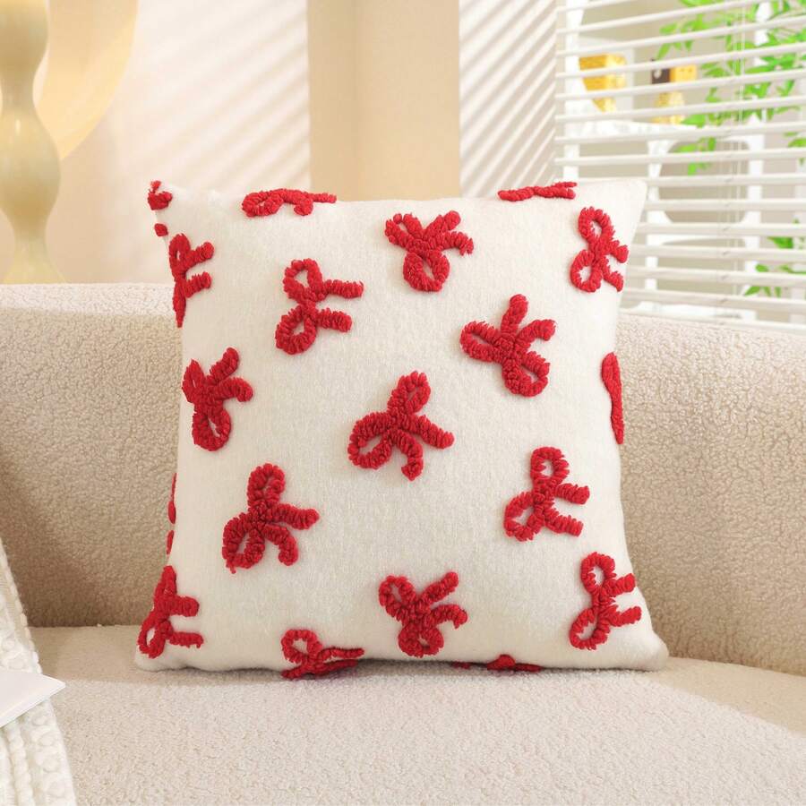 1 件可爱提花蝴蝶结图案柔软毛绒装饰枕套（仅枕套，无枕芯）