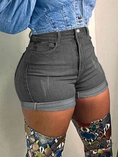 All-Match Versatile Solid Color Rolled Hem Slim Fit Denim Mini Shorts, Summer Casual