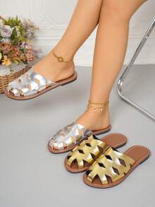 Sandalias de verano para mujer de talla grande, diseño minimalista de moda, cómodas, de punta cerrada, de malla, huecas, transpirables, antideslizantes, ligeras, para la playa y uso al aire libre, en negro y marrón - Dorado - Ver 7