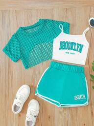 3-delige outfit voor meisjes met Brooklyn Letter Print camisole + mesh overlay top + shorts, zomerse outdoor modeset, geschikt voor buiten, zomercadeau