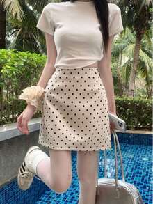 Falda medio cuerpo lunares vestidos cortos Moda verano casual versátil paquete cadera A-line falda corta - Albaricoque - Ver 4