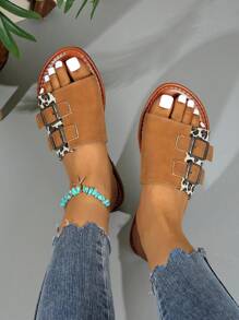 Sandalias planas de tacón abierto con hebilla, tipo slip-on, estilo de moda europeo y americano, nuevo verano 2025