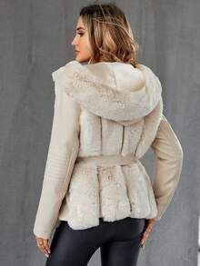 Giolshon 女士优雅仿毛皮连帽外套，带口袋和腰带，适合秋冬季穿着 - 米色 - 查看 2