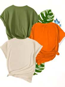 3 Pieces Mixed Pack Retro Style Letter Print Comfortable T-Shirt, Casual Crew Neck Short Sleeve Sports Tops For Summer, Women's Clothing