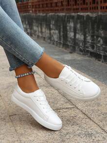 Women Plus Size White Sneakers, Fashionable Lace-Up Flat Casual Sports Shoes, School Shoes, Versatile - White - View 4