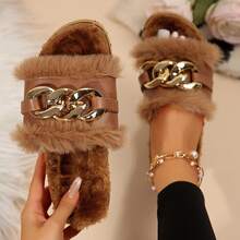 Women's Metallic Chain Sandals - Fluffy & Open Toe For Winter Wear - màu nâu - Xem 5