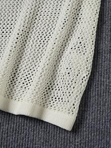 男士网眼拼布透视罩衫，休闲沙滩短袖针织上衣 - 白色 - 查看 6