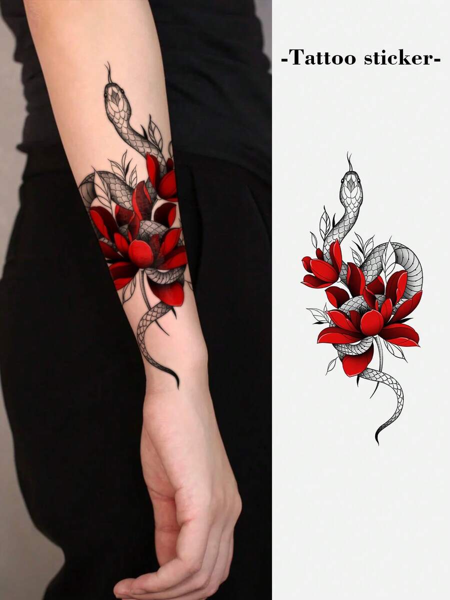 1pc Temporary Tattoo Red Flower & Black Snake Wrap Design, Waterproof & Sweatproof, Unisex - Multicolor - View 1